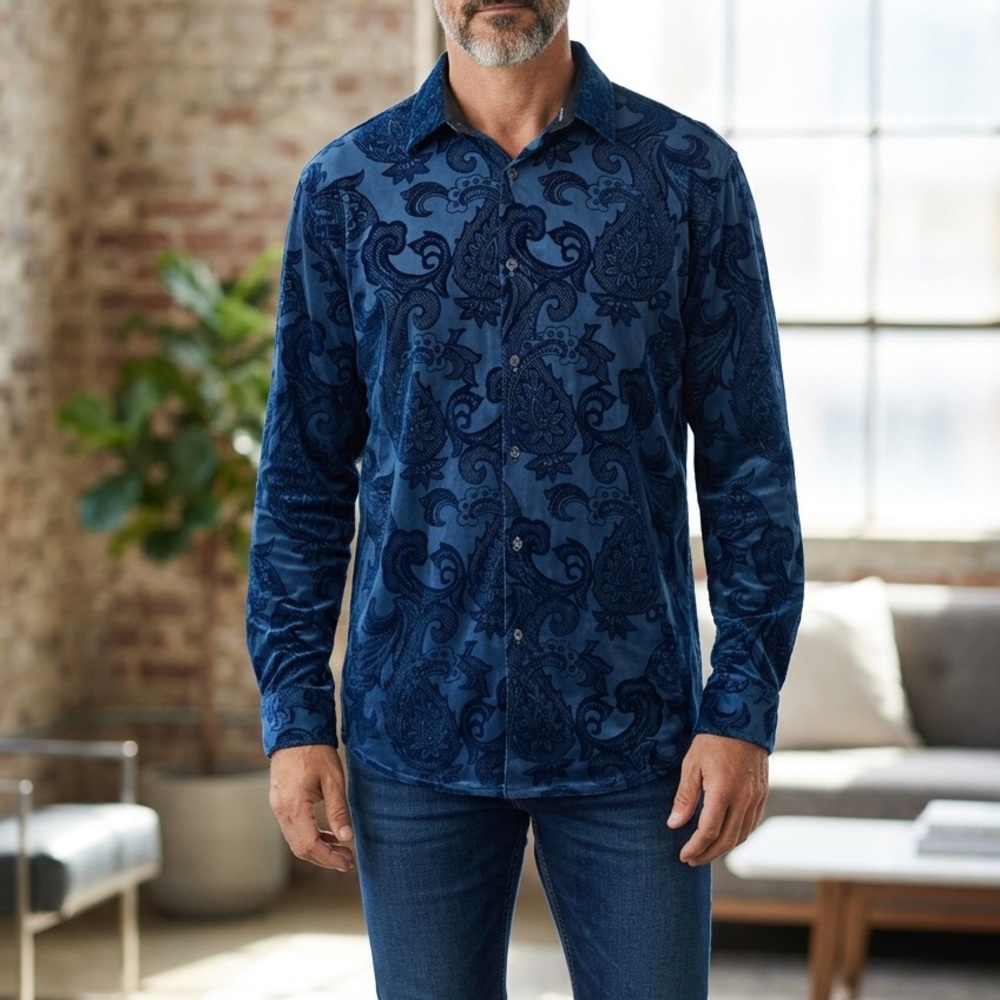 INC Men's Navy Blue Paisley Button-Up Shirt Flocking Print Long Sleeve Size L